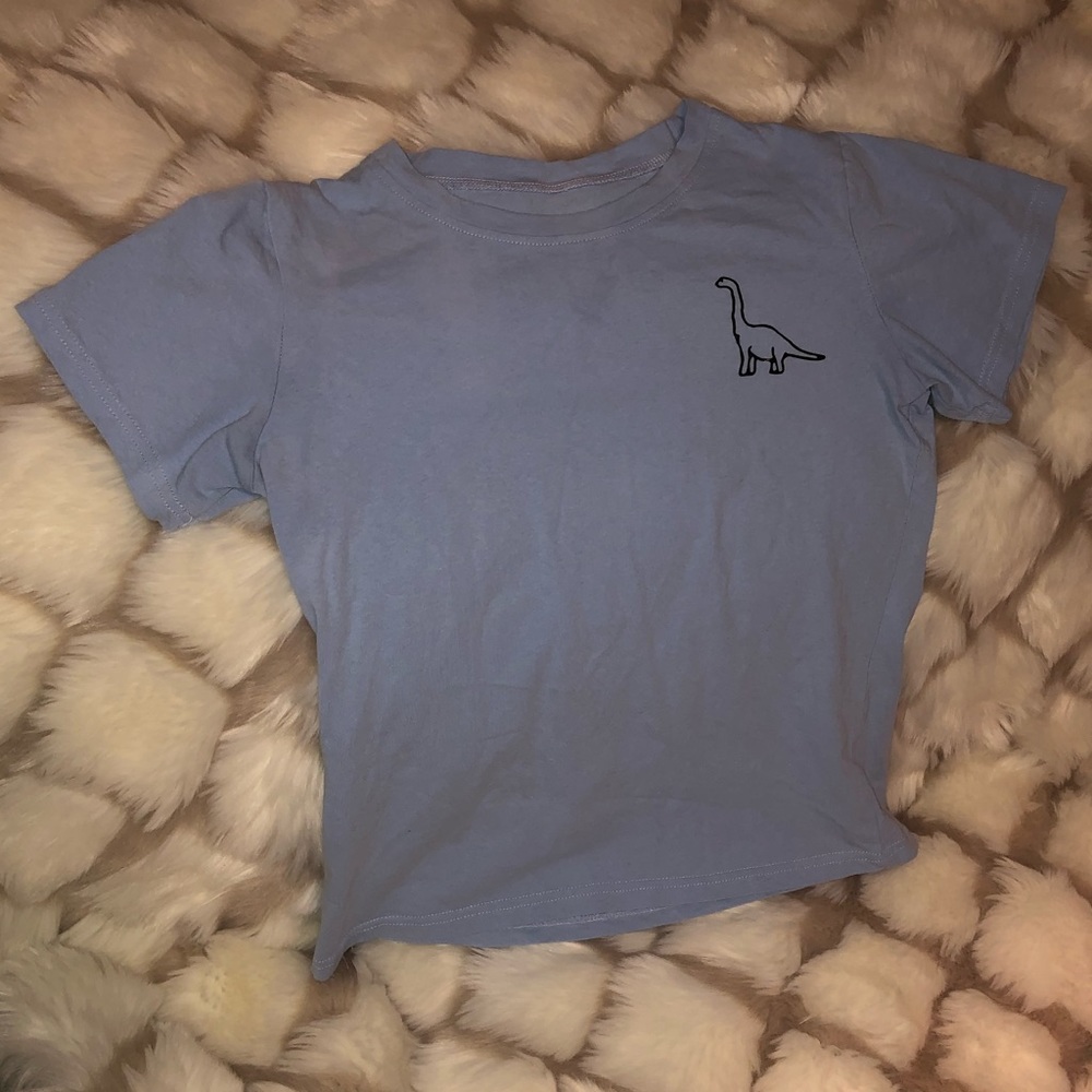 blue t-shirt with a dinosaur